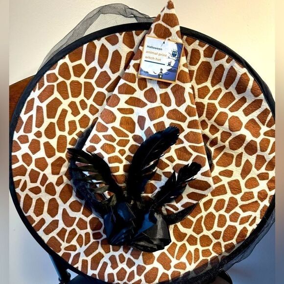 Giraffe Print Witch Hat with Veil | Unique Halloween Costume Accessory - Picture 2 of 4
